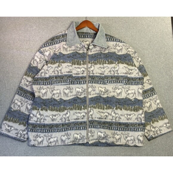 Vintage Fleece Jacket Talon Zip Moose Wolf Forest Print Outdoors Cabin XL 90s - Picture 1 of 7